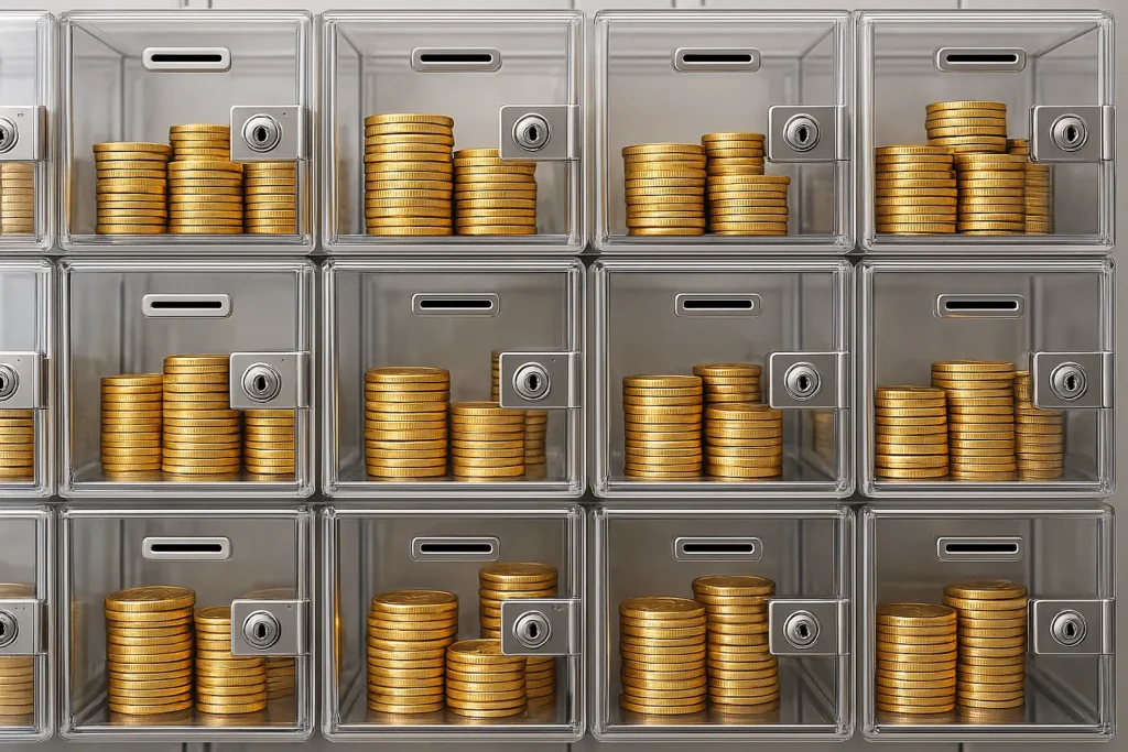 Cofres transparentes representando carteiras de Bitcoin