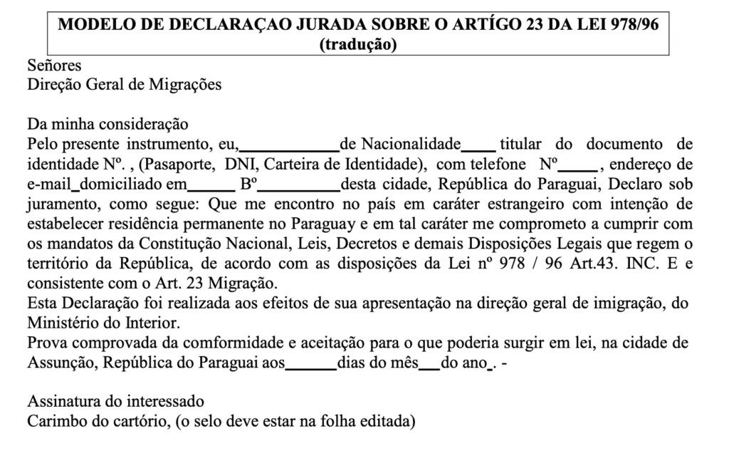 Modelo de Declaração para abrir empresa no Paraguai