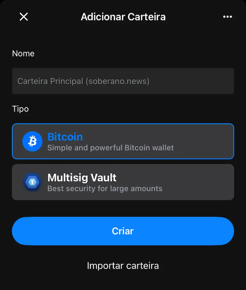 Criar carteira de bitcoin na Blue Wallet