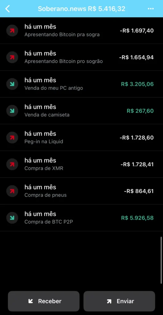 Histórico de transações na BlueWallet