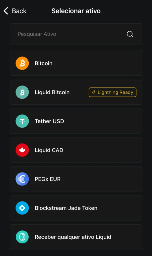 Ativos suportados pela Blockstream Wallet