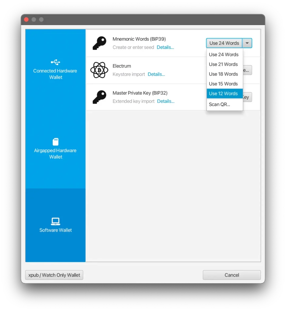 Geração de seed na Sparrow Wallet