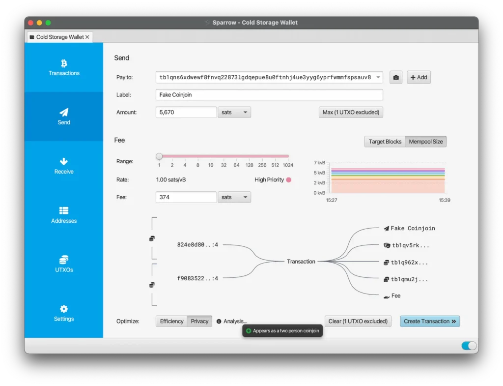 fake coinjoin na Sparrow Wallet