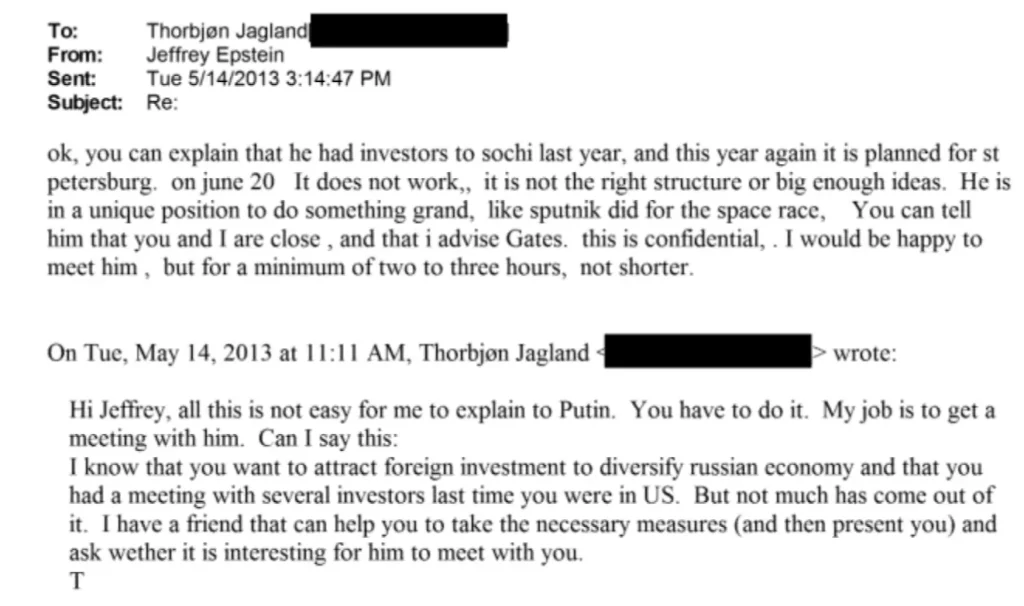 Epstein dizendo que Putin estaria “numa posição única para fazer algo grandioso