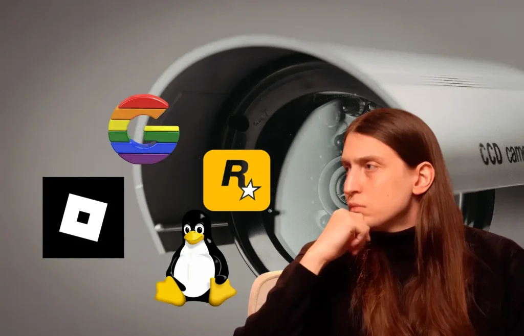 Imagem com câmera ao fundo, Felca e logo de empresas como Roblox, Rockstar, Google e Linux