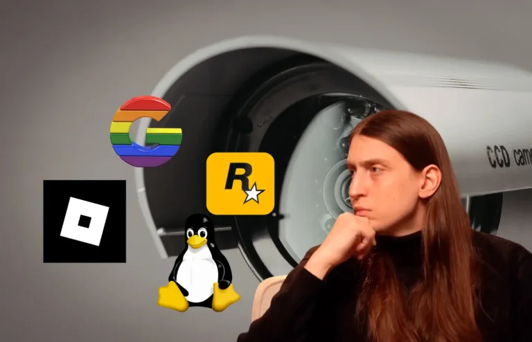 Imagem com câmera ao fundo, Felca e logo de empresas como Roblox, Rockstar, Google e Linux