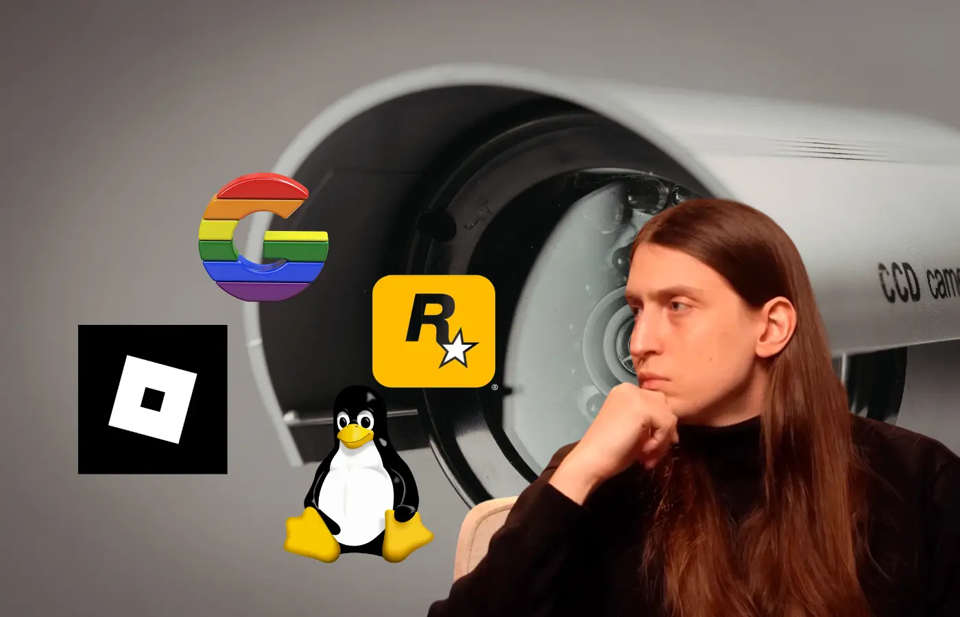 Imagem com câmera ao fundo, Felca e logo de empresas como Roblox, Rockstar, Google e Linux