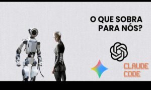 Robôs com logos de empresas de IA e frase "O que sobra para nós"