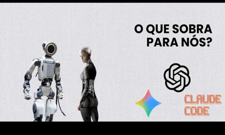 Robôs com logos de empresas de IA e frase "O que sobra para nós"
