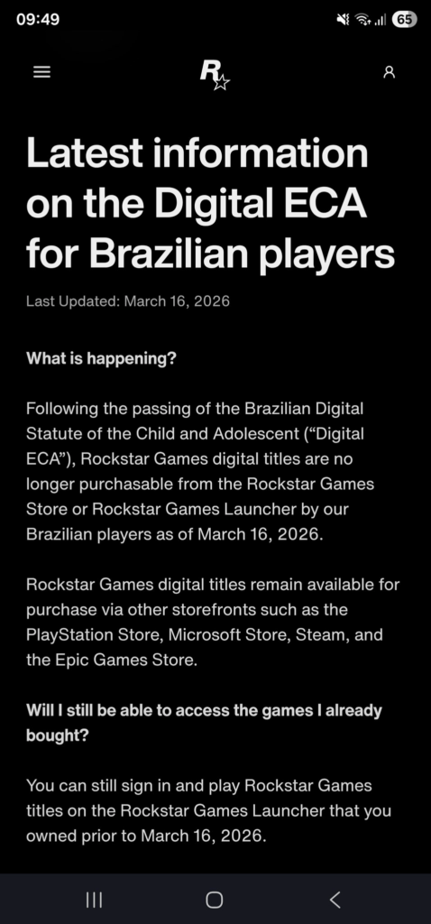 E-mail da Rockstar Games sobre o Eca digital. 