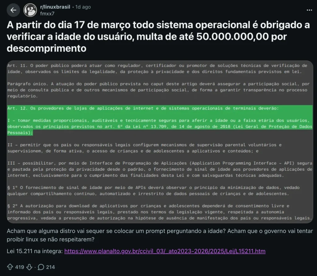 post no Reddit sobre a Lei Felca e o Linux