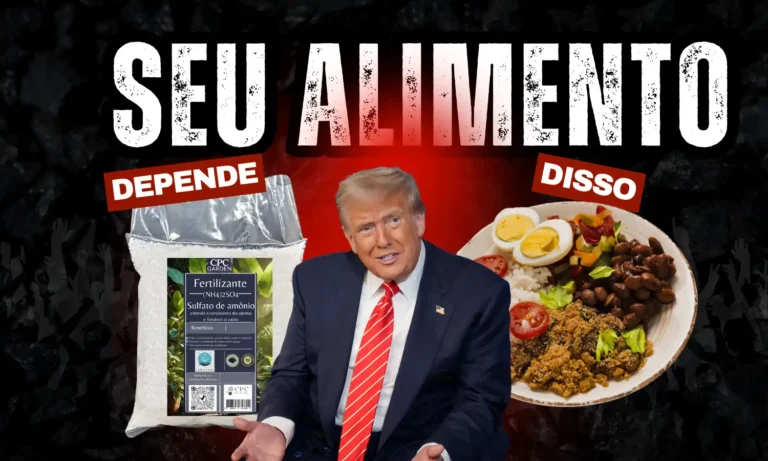 Trump com fundo com prato de comida e fertilizante escrito SEU ALIMENTO DEPENDE DISSO