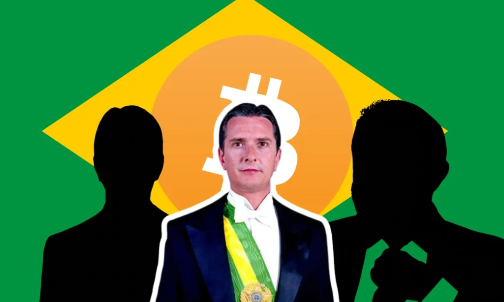 Collor com sombras e bandeira do Brasil com bitcoin ao fundo.