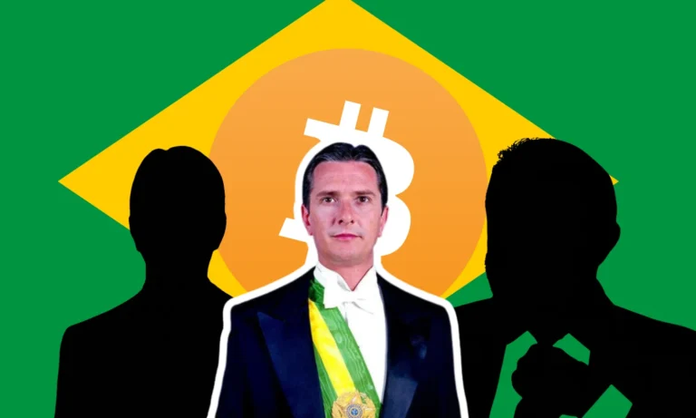 Collor com sombras e bandeira do Brasil com bitcoin ao fundo.